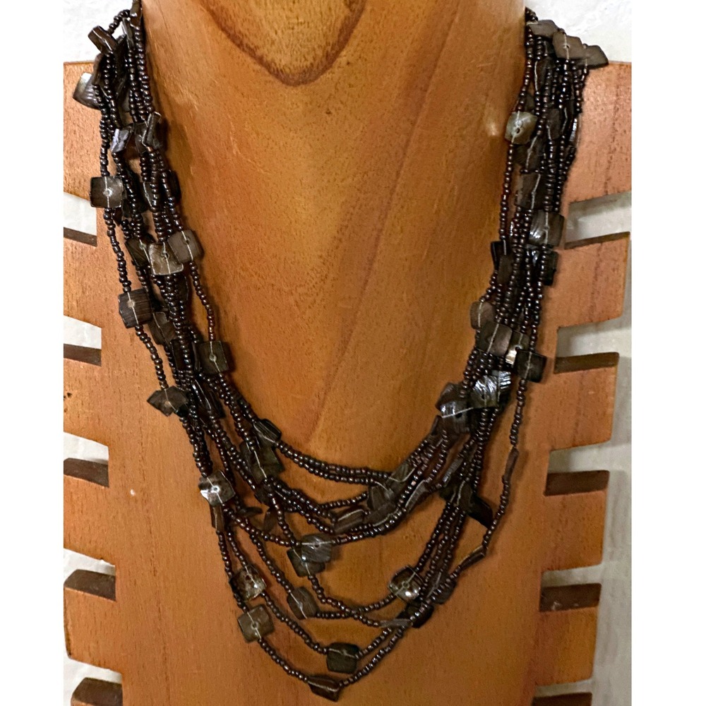 Brown Multi Strand Beaded Necklace with Square Shell Accents Vintage‎ Jewelry